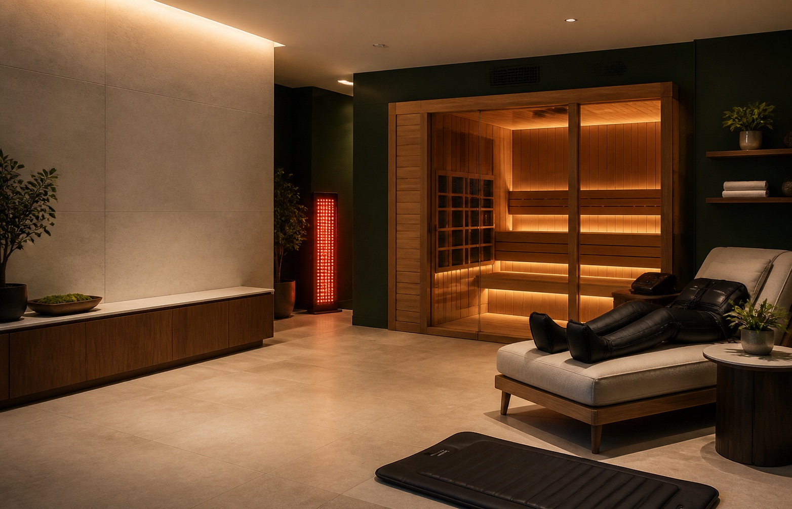 Premium private wellness room with cedar sauna, red light, PEMF and compression equipment